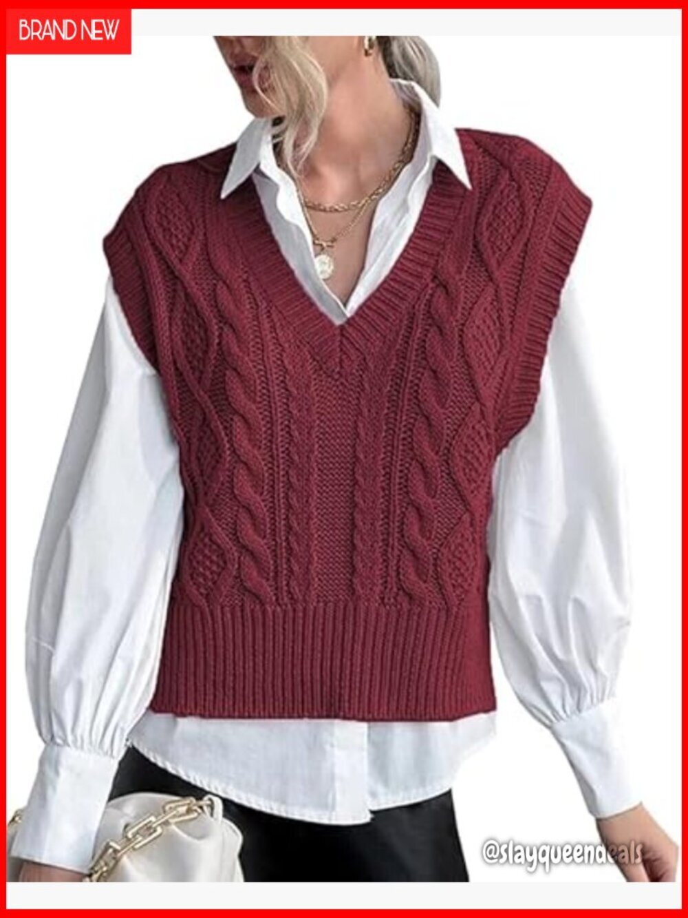 V-Neck Sleeveless Sweater Vest, Ribbed Knit Pullover, Loose Fit, Preppy Style
